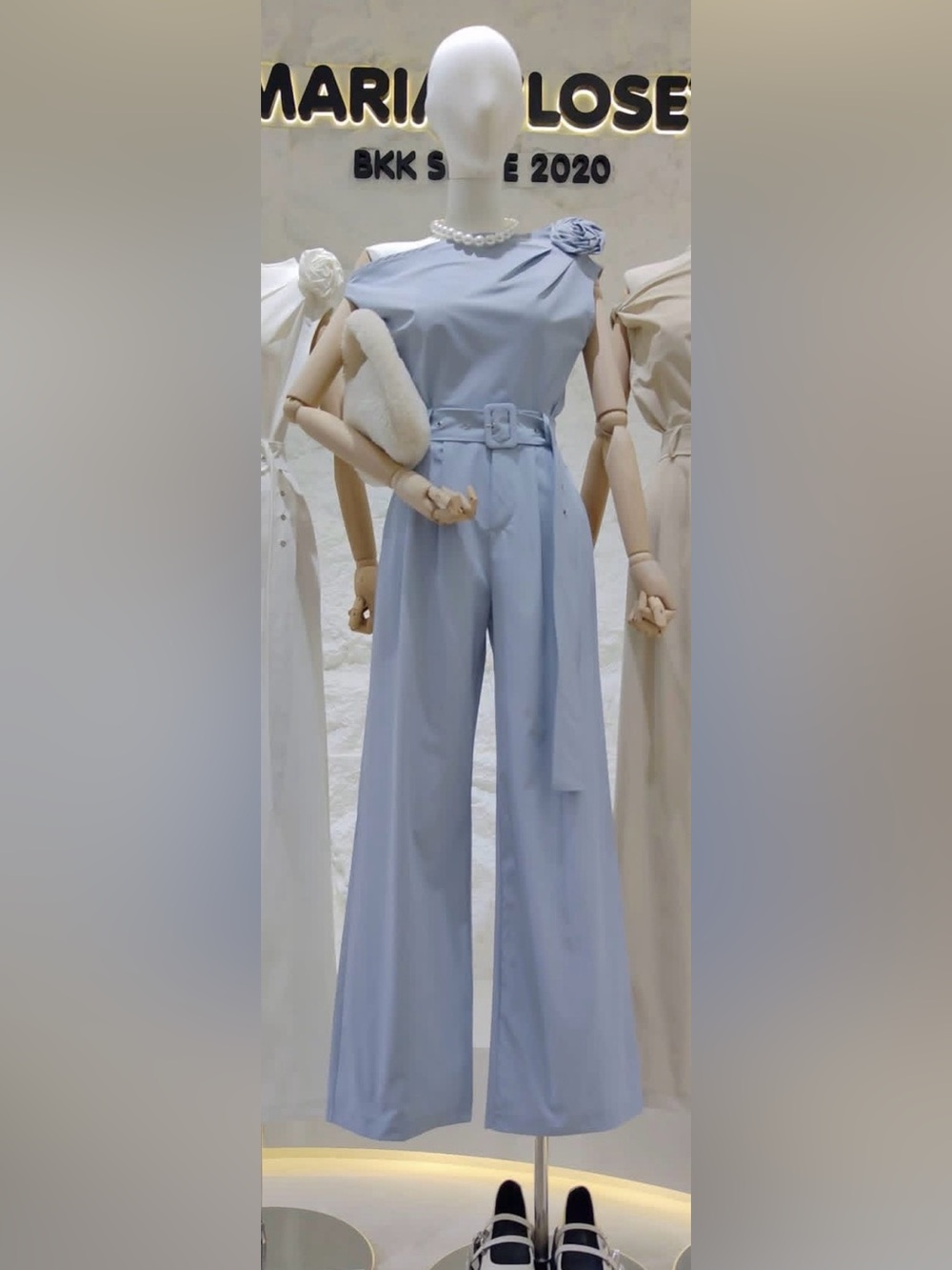 Sleeveless Wide-Leg Jumpsuit with Belt - Light Blue